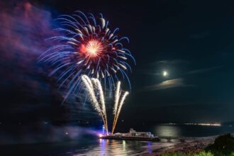 Bournemouth at night with a fireworks display from the pier