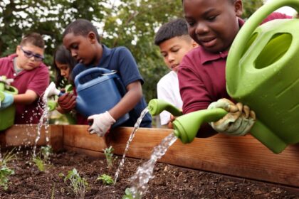 An oasis where kids learn to be climate literate amid trees, flower beds and herbs