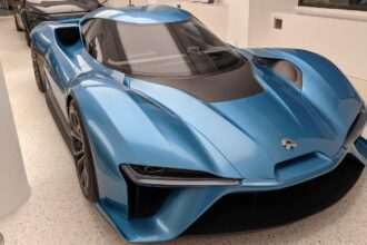 Blue NIO sports car in Oslo showroom