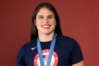 PARIS, FRANCE - JULY 31: (BROADCAST-OUT) Olympian Ilona Maher of Team United States poses on the Today Show Set on July 31, 2024 in Paris, France. (Photo by Kristy Sparow/Getty Images)