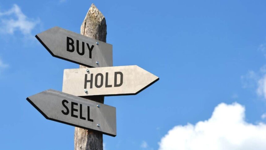 Three signposts pointing in different directions, with 'Buy' 'Sell' and 'Hold' on