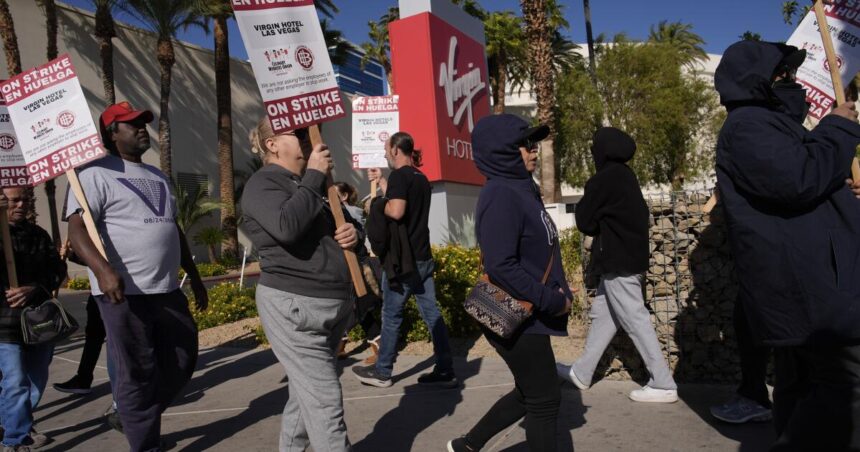 Hundreds of hospitality workers are on strike at a casino near the Las Vegas Strip