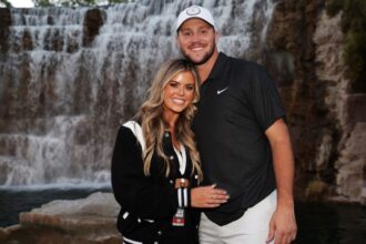 LAS VEGAS, NEVADA - JUNE 01: Josh Allen and Brittany Williams pose during Capital One's The Match VI - Brady & Rodgers v Allen & Mahomes at Wynn Golf Club on June 01, 2022 in Las Vegas, Nevada. (Photo by Carmen Mandato/Getty Images for The Match)