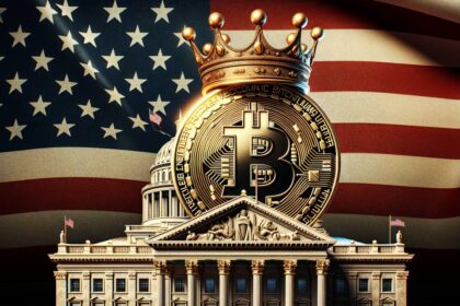 Bitcoin sitting on top of the White House wearing a crown