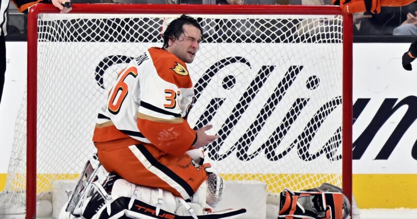 John Gibson leaves with eye injury in Ducks' loss to Golden Knights